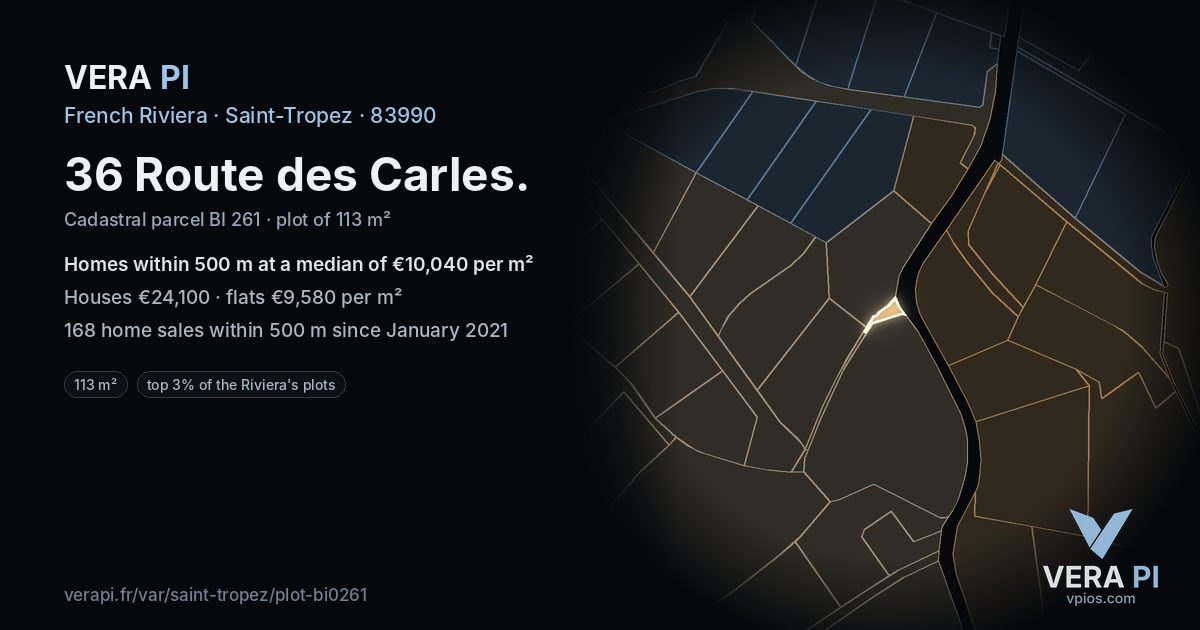 36 Route des Carles, Saint-Tropez at night – the plot lit, the parcels around coloured by the prices near them