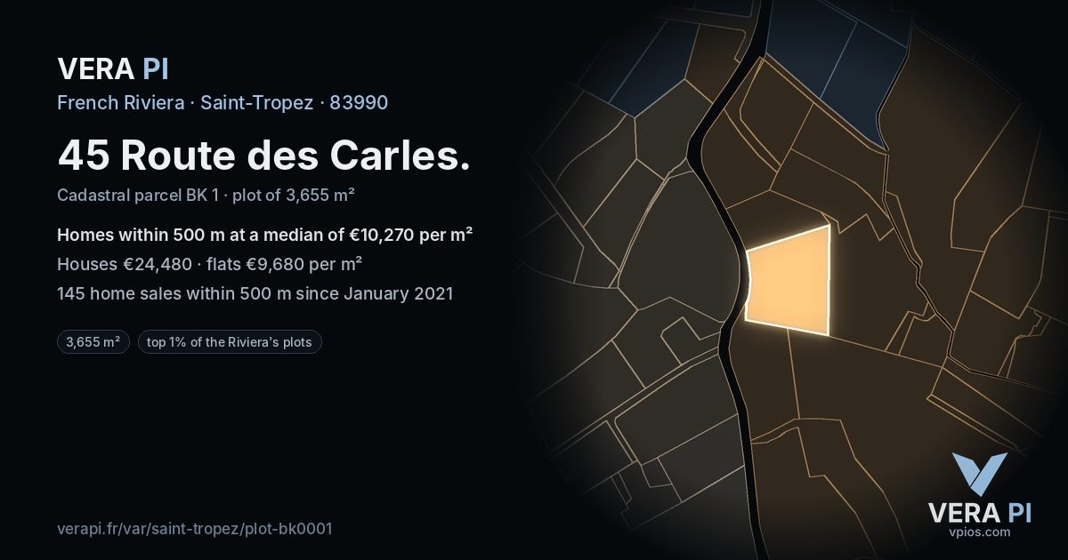 45 Route des Carles, Saint-Tropez at night – the plot lit, the parcels around coloured by the prices near them