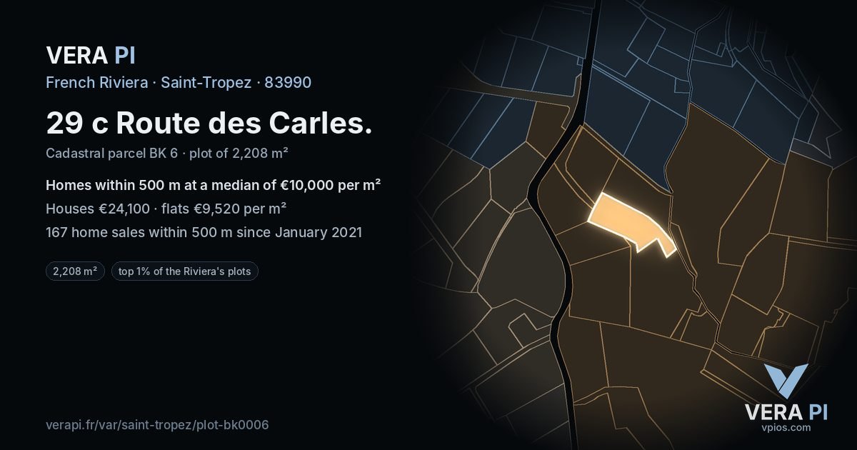 29 c Route des Carles, Saint-Tropez at night – the plot lit, the parcels around coloured by the prices near them
