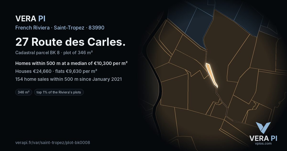 27 Route des Carles, Saint-Tropez at night – the plot lit, the parcels around coloured by the prices near them