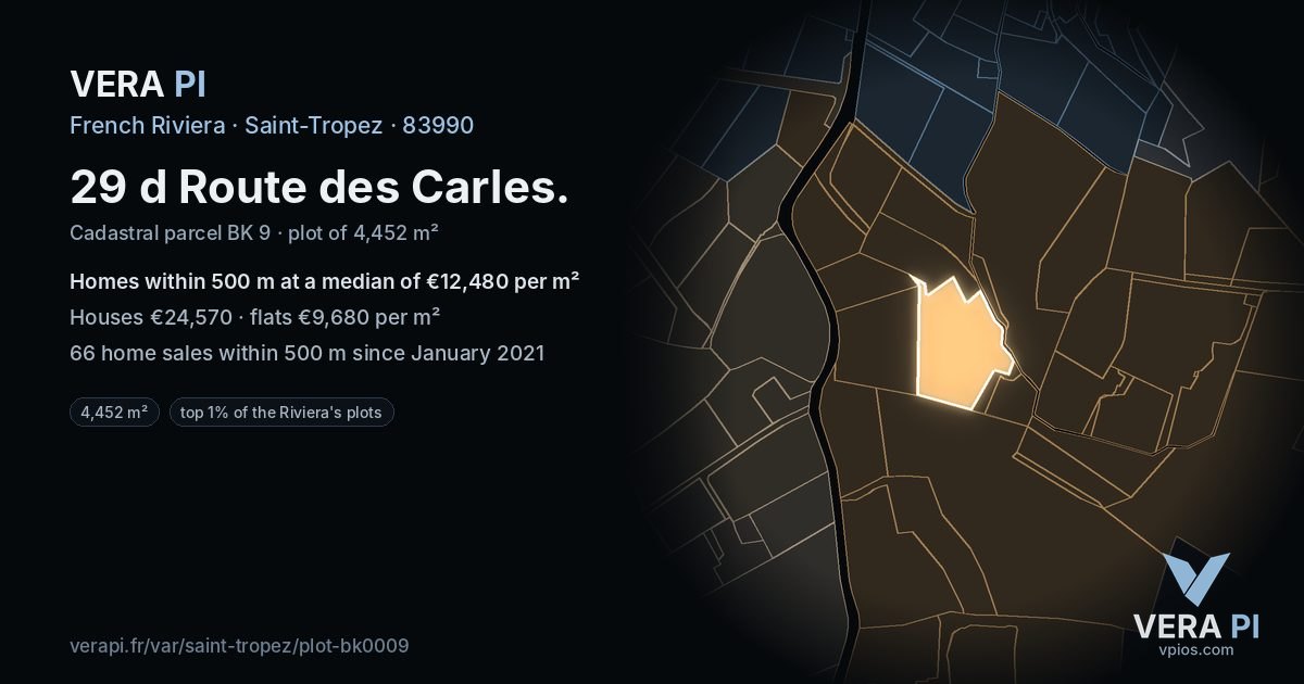 29 d Route des Carles, Saint-Tropez at night – the plot lit, the parcels around coloured by the prices near them