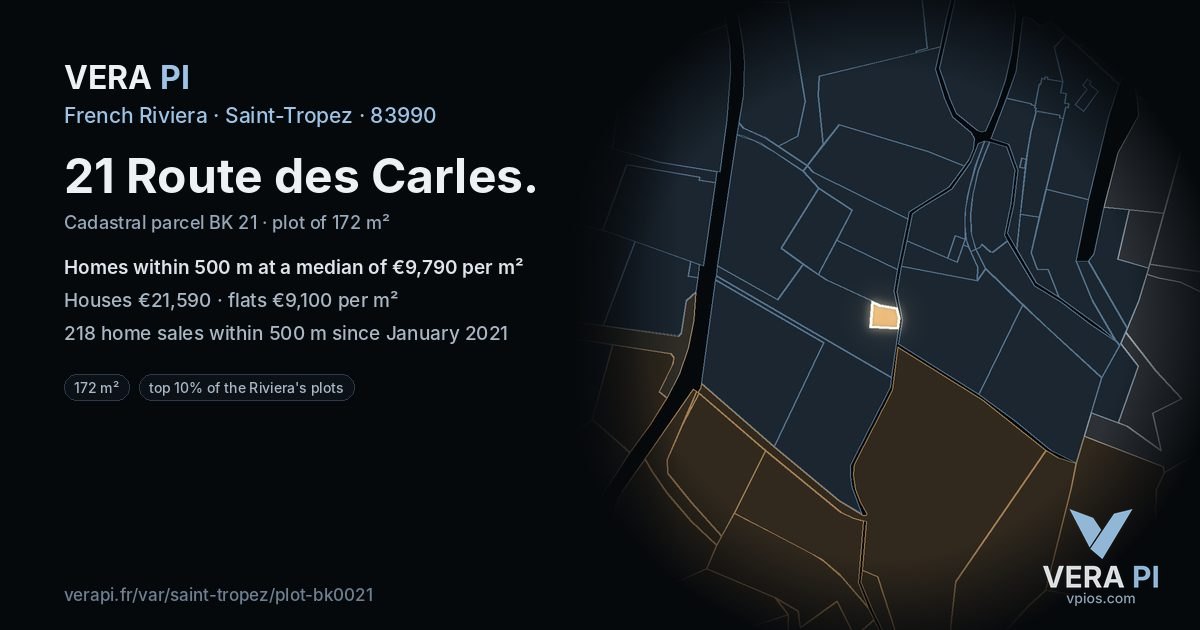 21 Route des Carles, Saint-Tropez at night – the plot lit, the parcels around coloured by the prices near them