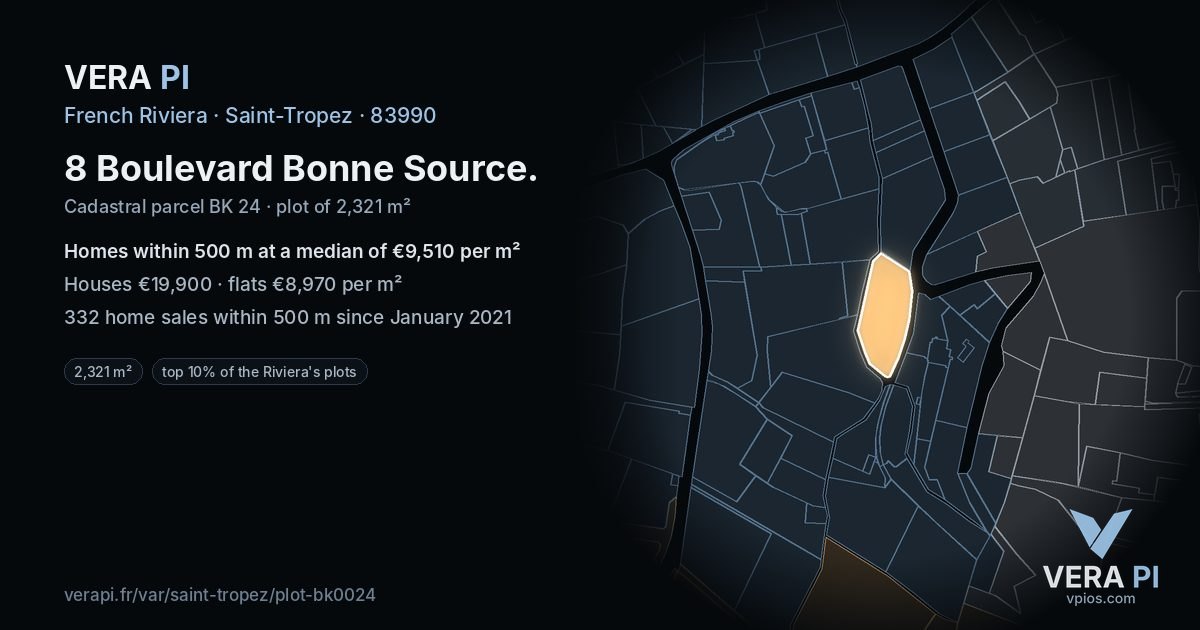 8 Boulevard Bonne Source, Saint-Tropez at night – the plot lit, the parcels around coloured by the prices near them