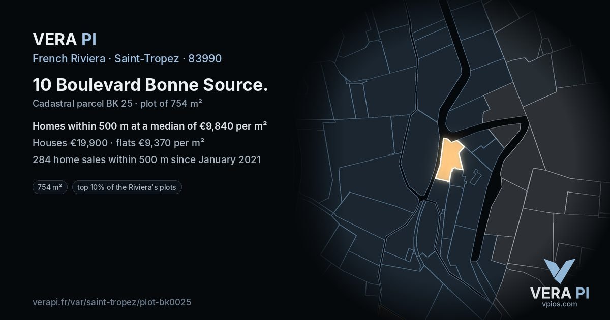 10 Boulevard Bonne Source, Saint-Tropez at night – the plot lit, the parcels around coloured by the prices near them