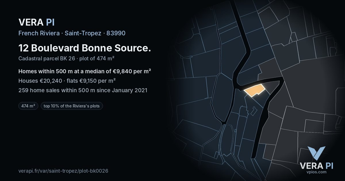 12 Boulevard Bonne Source, Saint-Tropez at night – the plot lit, the parcels around coloured by the prices near them