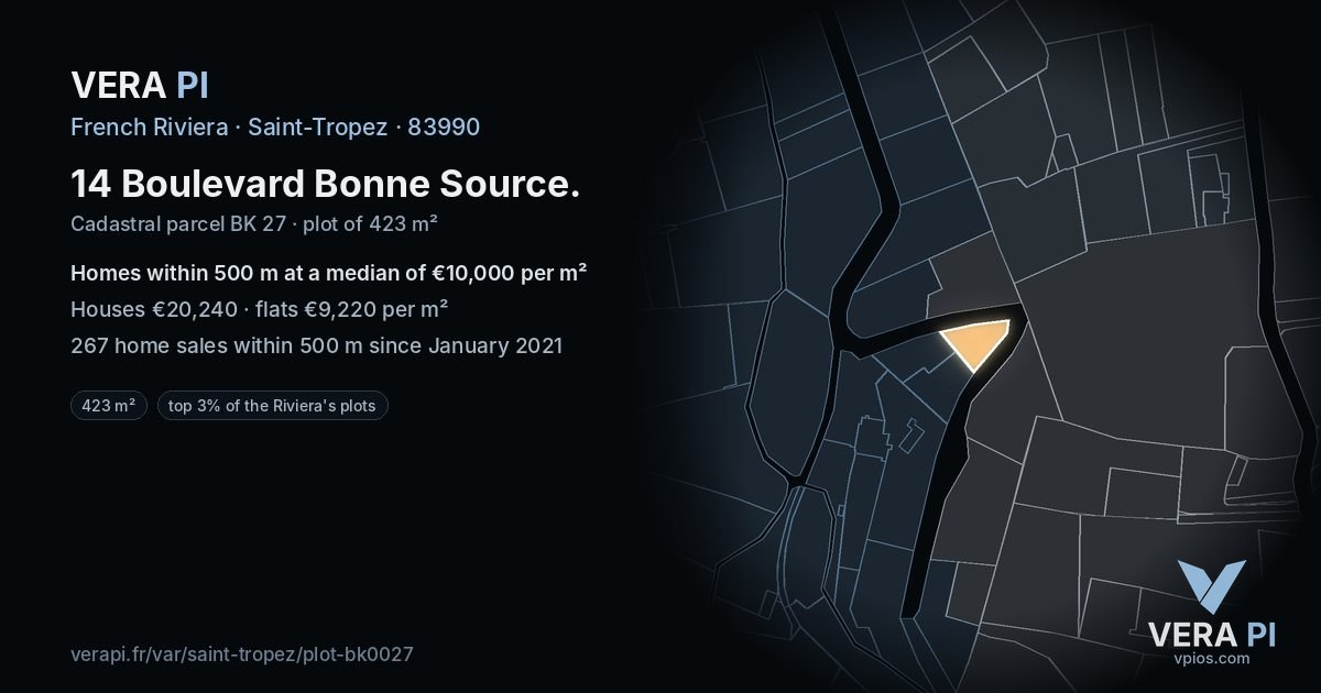 14 Boulevard Bonne Source, Saint-Tropez at night – the plot lit, the parcels around coloured by the prices near them