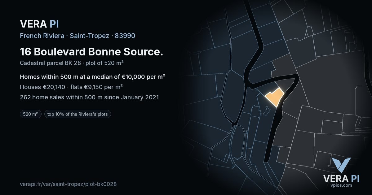 16 Boulevard Bonne Source, Saint-Tropez at night – the plot lit, the parcels around coloured by the prices near them