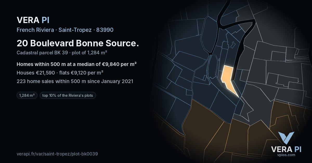 20 Boulevard Bonne Source, Saint-Tropez at night – the plot lit, the parcels around coloured by the prices near them