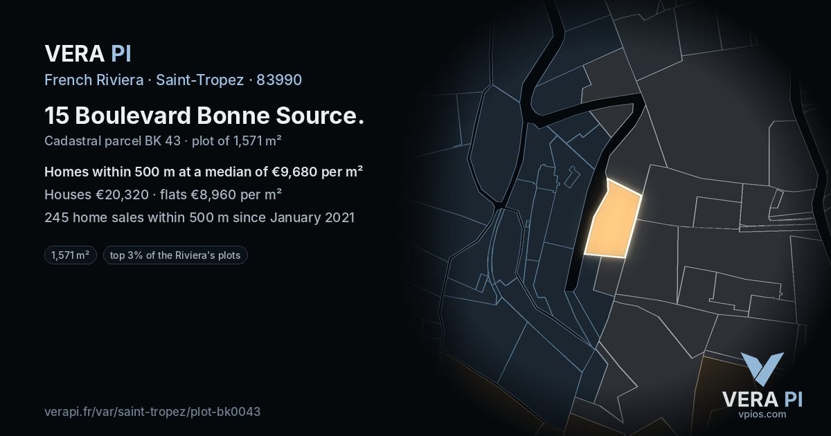 15 Boulevard Bonne Source, Saint-Tropez at night – the plot lit, the parcels around coloured by the prices near them
