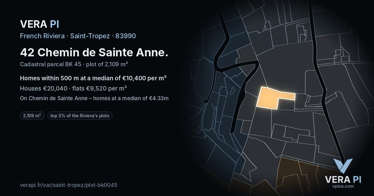 42 Chemin de Sainte Anne, Saint-Tropez at night – the plot lit, the parcels around coloured by the prices near them