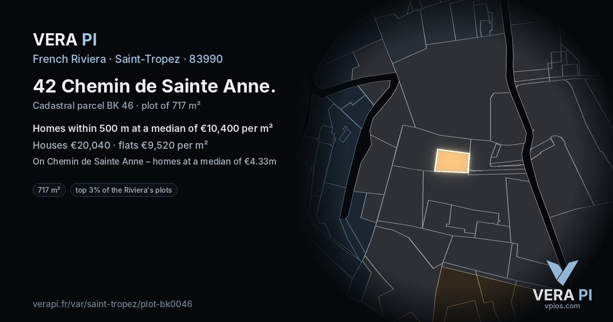 42 Chemin de Sainte Anne, Saint-Tropez at night – the plot lit, the parcels around coloured by the prices near them