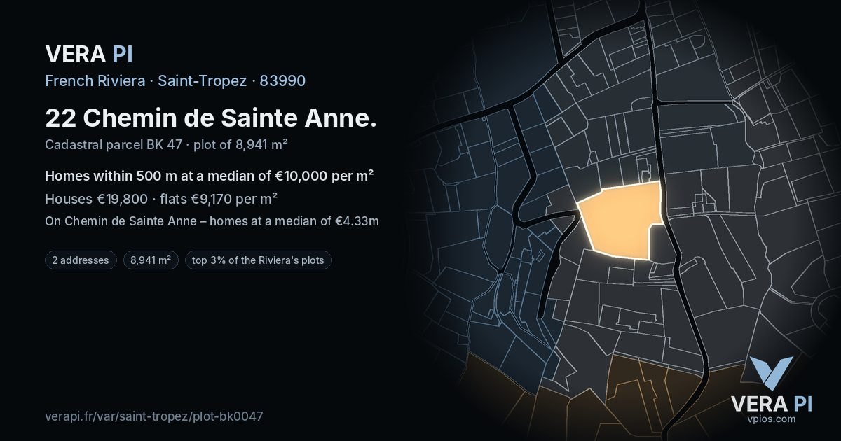 22 Chemin de Sainte Anne, Saint-Tropez at night – the plot lit, the parcels around coloured by the prices near them