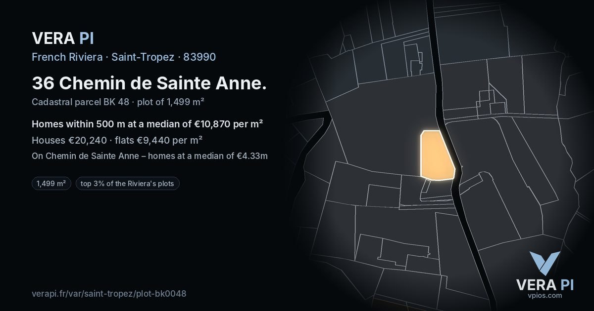36 Chemin de Sainte Anne, Saint-Tropez at night – the plot lit, the parcels around coloured by the prices near them