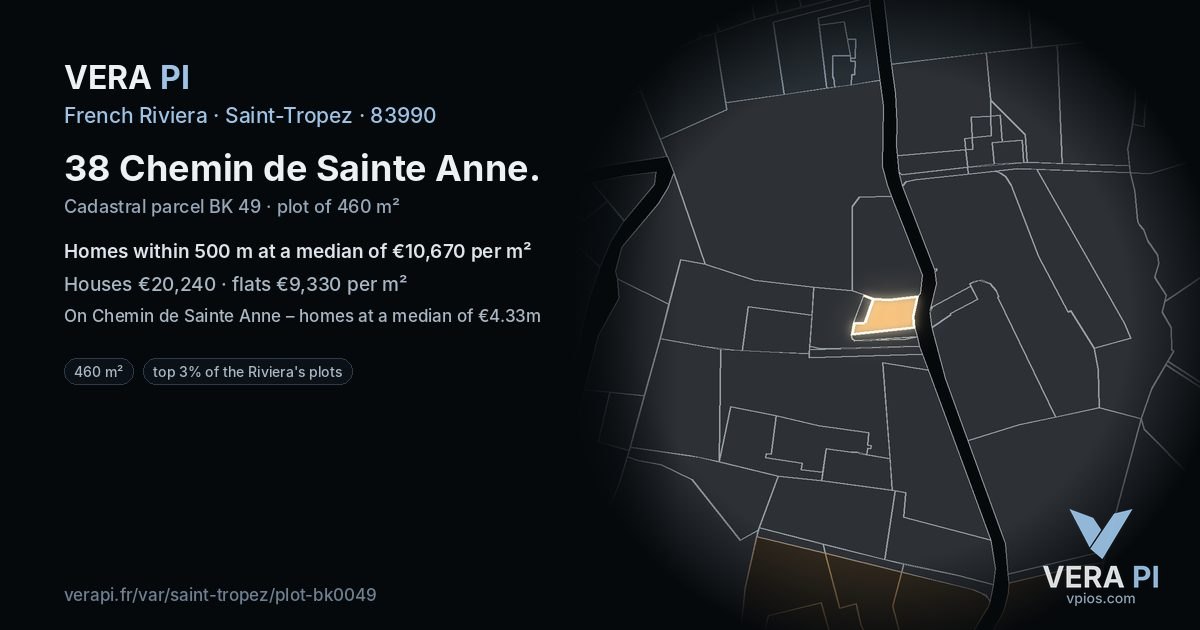 38 Chemin de Sainte Anne, Saint-Tropez at night – the plot lit, the parcels around coloured by the prices near them