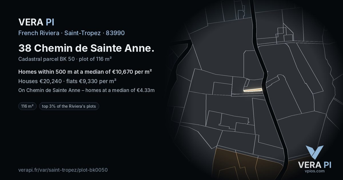 38 Chemin de Sainte Anne, Saint-Tropez at night – the plot lit, the parcels around coloured by the prices near them