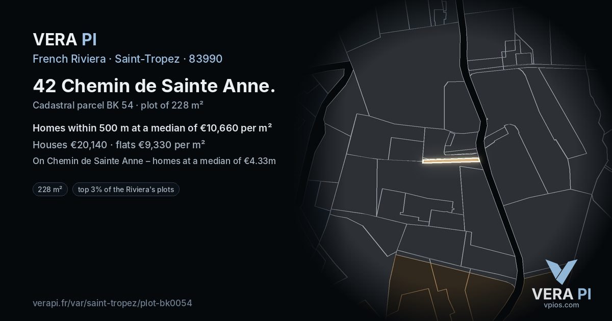 42 Chemin de Sainte Anne, Saint-Tropez at night – the plot lit, the parcels around coloured by the prices near them
