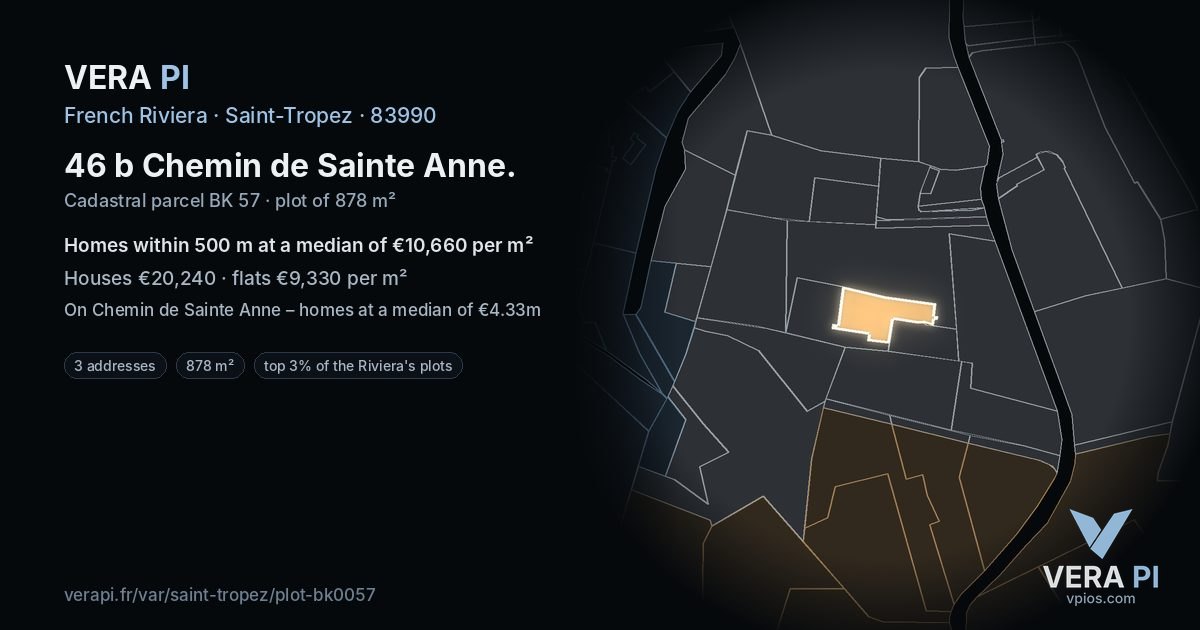 46 b Chemin de Sainte Anne, Saint-Tropez at night – the plot lit, the parcels around coloured by the prices near them
