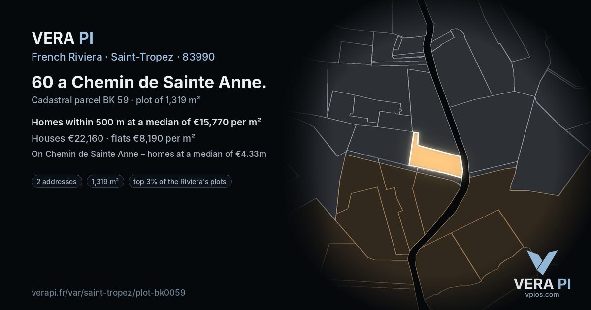60 a Chemin de Sainte Anne, Saint-Tropez at night – the plot lit, the parcels around coloured by the prices near them