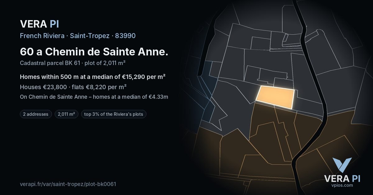 60 a Chemin de Sainte Anne, Saint-Tropez at night – the plot lit, the parcels around coloured by the prices near them