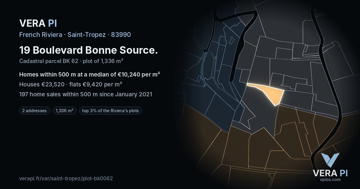 19 Boulevard Bonne Source, Saint-Tropez at night – the plot lit, the parcels around coloured by the prices near them