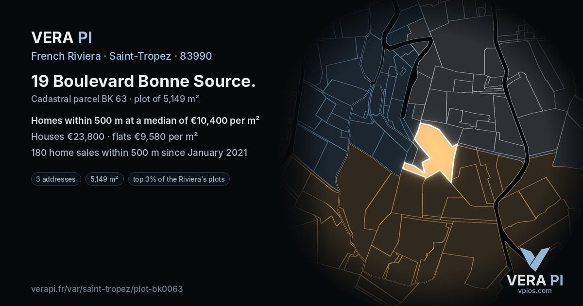 19 Boulevard Bonne Source, Saint-Tropez at night – the plot lit, the parcels around coloured by the prices near them