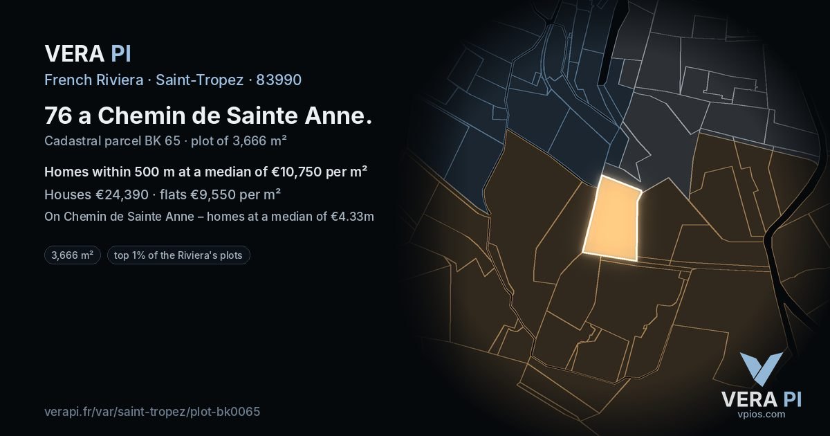 76 a Chemin de Sainte Anne, Saint-Tropez at night – the plot lit, the parcels around coloured by the prices near them