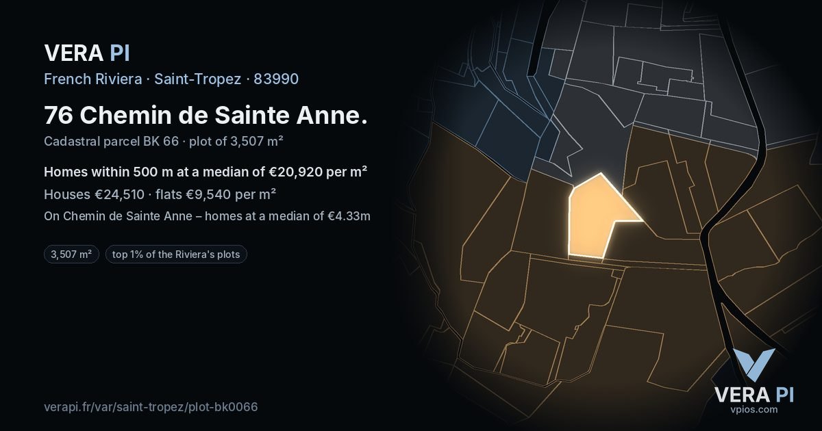 76 Chemin de Sainte Anne, Saint-Tropez at night – the plot lit, the parcels around coloured by the prices near them