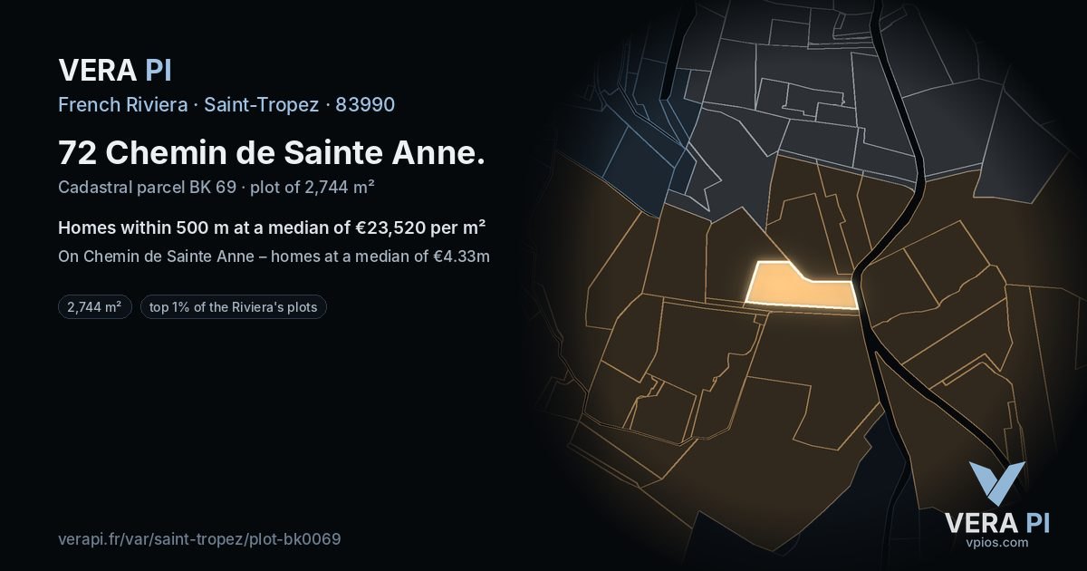 72 Chemin de Sainte Anne, Saint-Tropez at night – the plot lit, the parcels around coloured by the prices near them