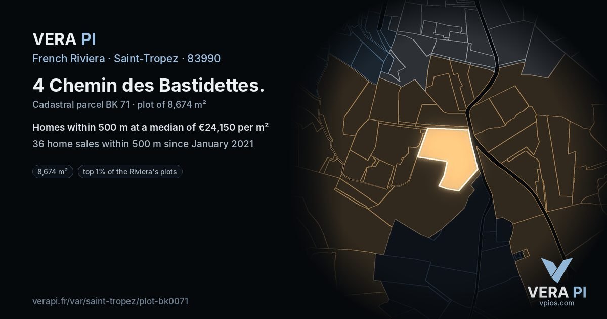 4 Chemin des Bastidettes, Saint-Tropez at night – the plot lit, the parcels around coloured by the prices near them