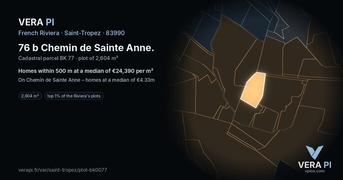 76 b Chemin de Sainte Anne, Saint-Tropez at night – the plot lit, the parcels around coloured by the prices near them