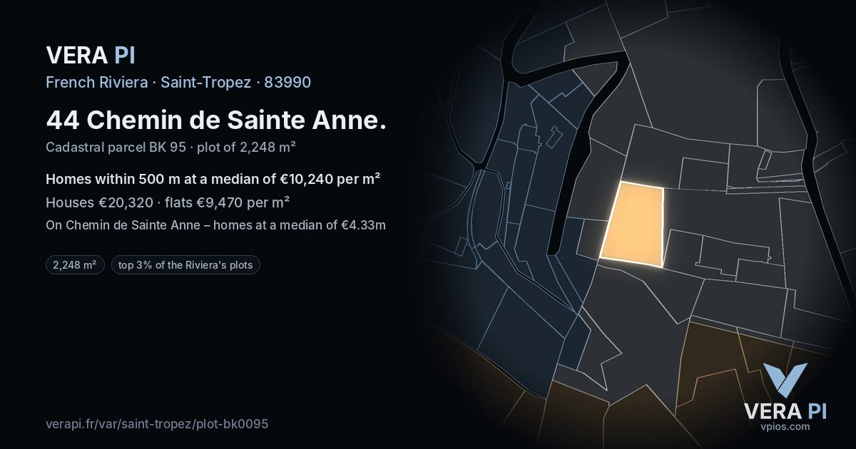 44 Chemin de Sainte Anne, Saint-Tropez at night – the plot lit, the parcels around coloured by the prices near them
