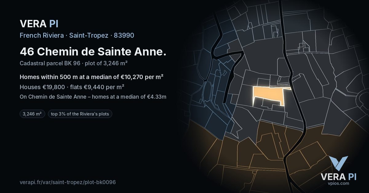 46 Chemin de Sainte Anne, Saint-Tropez at night – the plot lit, the parcels around coloured by the prices near them