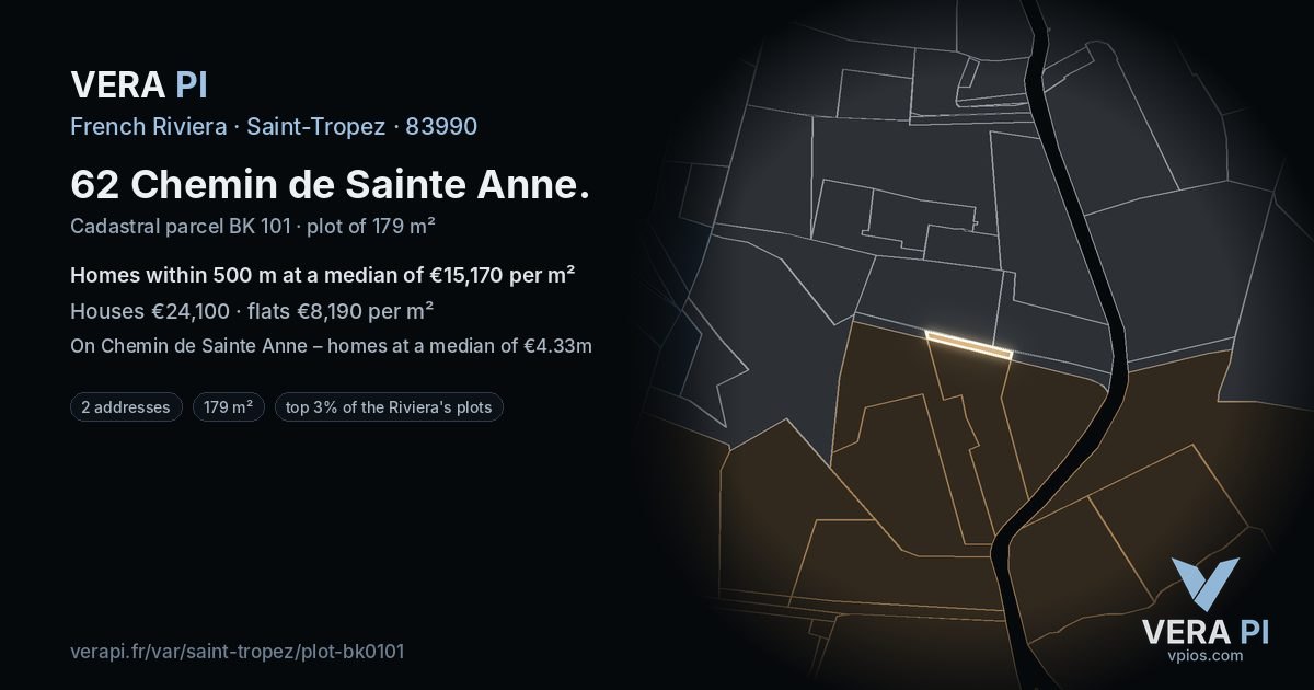 62 Chemin de Sainte Anne, Saint-Tropez at night – the plot lit, the parcels around coloured by the prices near them