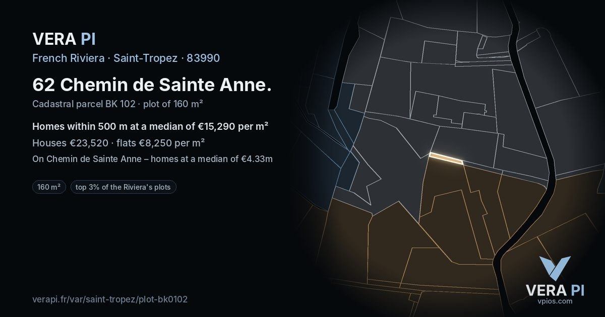 62 Chemin de Sainte Anne, Saint-Tropez at night – the plot lit, the parcels around coloured by the prices near them
