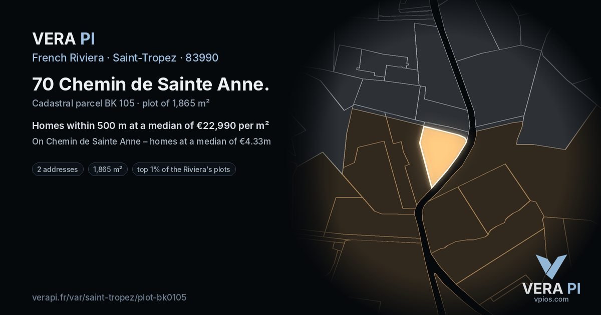 70 Chemin de Sainte Anne, Saint-Tropez at night – the plot lit, the parcels around coloured by the prices near them