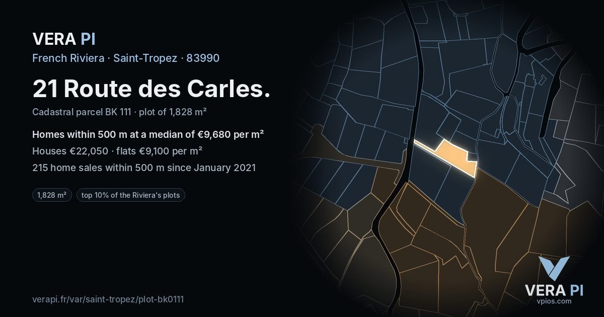 21 Route des Carles, Saint-Tropez at night – the plot lit, the parcels around coloured by the prices near them