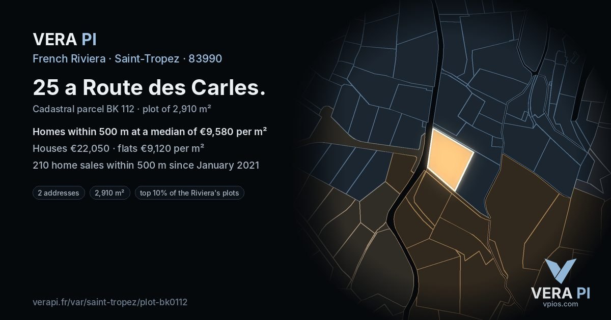 25 a Route des Carles, Saint-Tropez at night – the plot lit, the parcels around coloured by the prices near them
