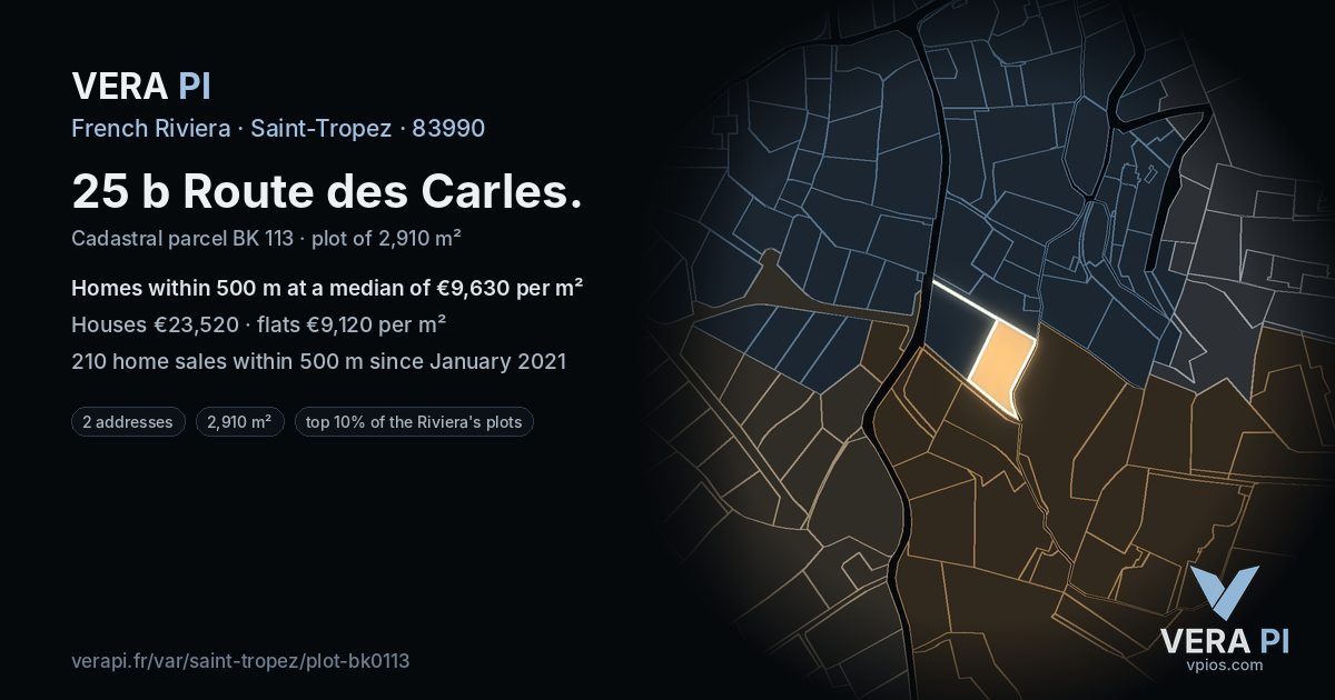 25 b Route des Carles, Saint-Tropez at night – the plot lit, the parcels around coloured by the prices near them