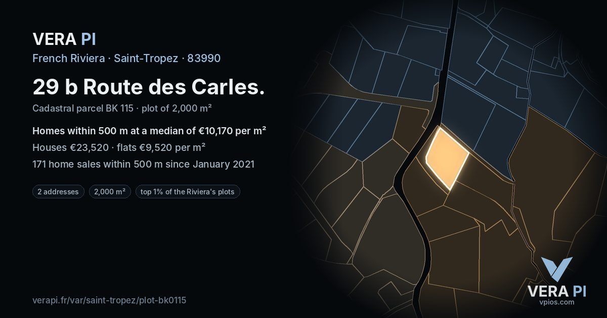 29 b Route des Carles, Saint-Tropez at night – the plot lit, the parcels around coloured by the prices near them