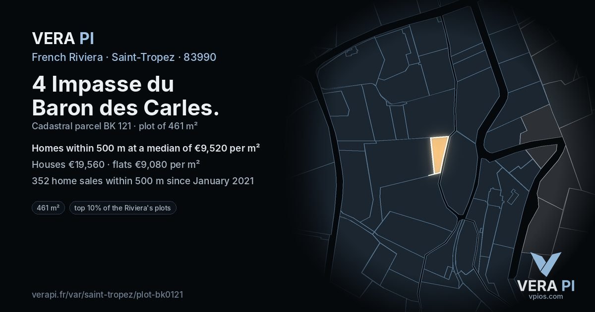 4 Impasse du Baron des Carles, Saint-Tropez at night – the plot lit, the parcels around coloured by the prices near them