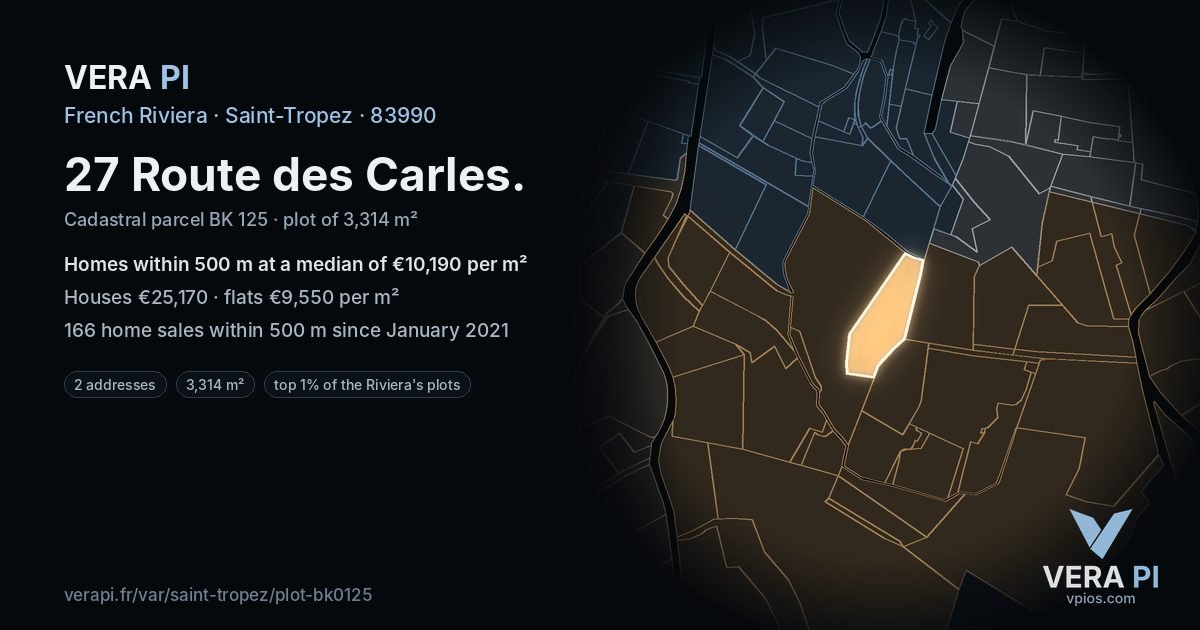 27 Route des Carles, Saint-Tropez at night – the plot lit, the parcels around coloured by the prices near them