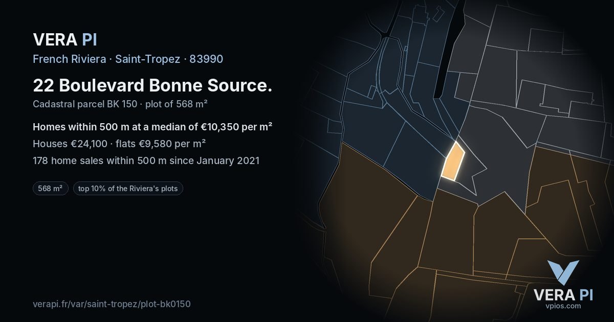 22 Boulevard Bonne Source, Saint-Tropez at night – the plot lit, the parcels around coloured by the prices near them