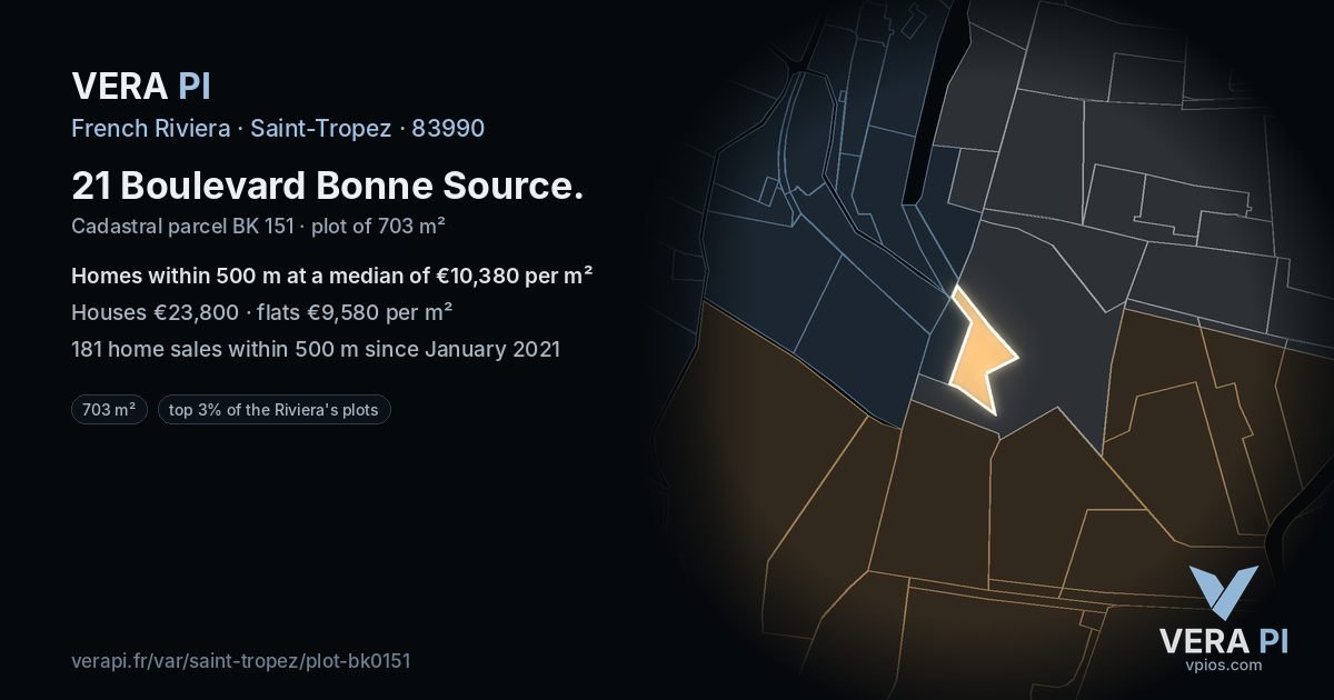 21 Boulevard Bonne Source, Saint-Tropez at night – the plot lit, the parcels around coloured by the prices near them
