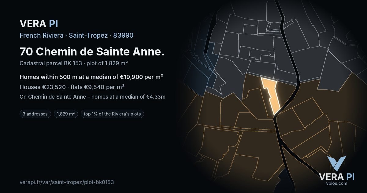 70 Chemin de Sainte Anne, Saint-Tropez at night – the plot lit, the parcels around coloured by the prices near them
