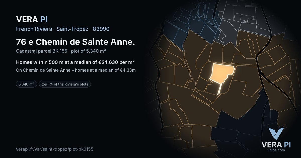 76 e Chemin de Sainte Anne, Saint-Tropez at night – the plot lit, the parcels around coloured by the prices near them