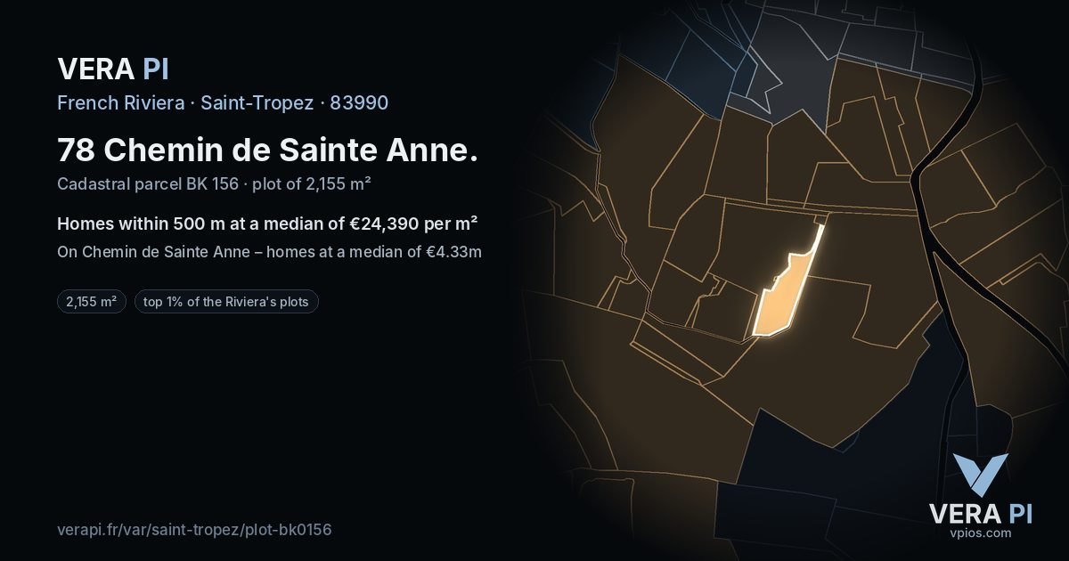 78 Chemin de Sainte Anne, Saint-Tropez at night – the plot lit, the parcels around coloured by the prices near them