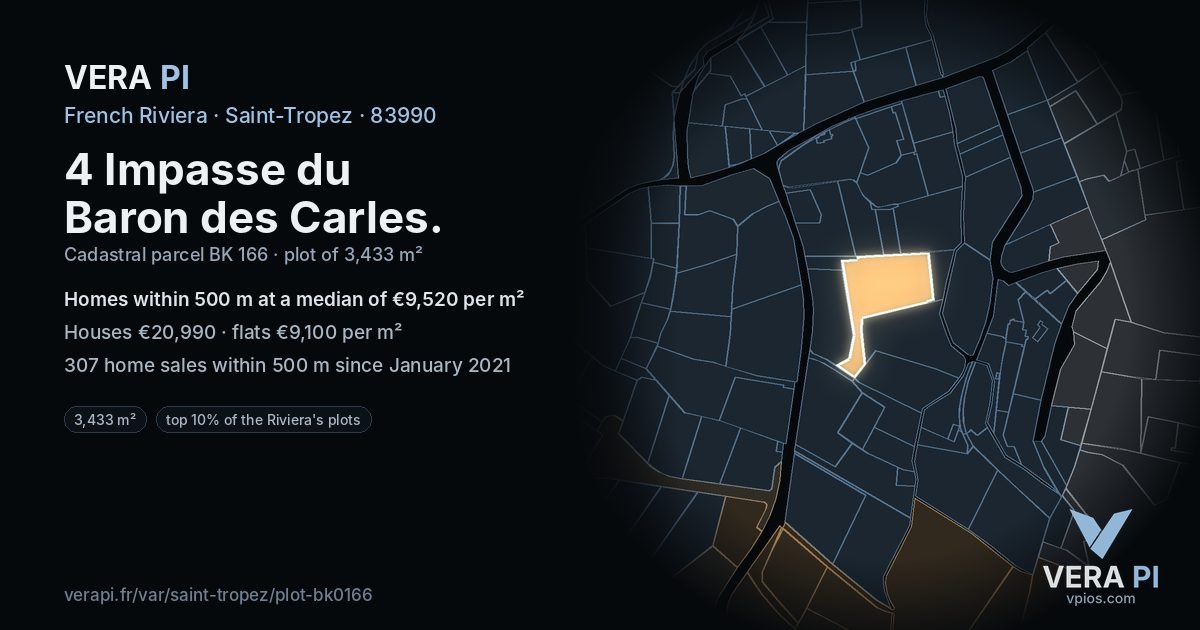 4 Impasse du Baron des Carles, Saint-Tropez at night – the plot lit, the parcels around coloured by the prices near them