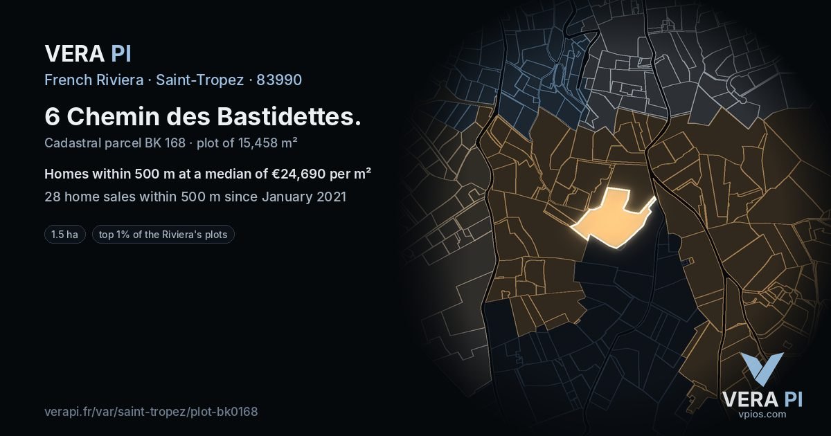 6 Chemin des Bastidettes, Saint-Tropez at night – the plot lit, the parcels around coloured by the prices near them