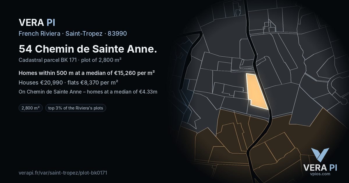 54 Chemin de Sainte Anne, Saint-Tropez at night – the plot lit, the parcels around coloured by the prices near them