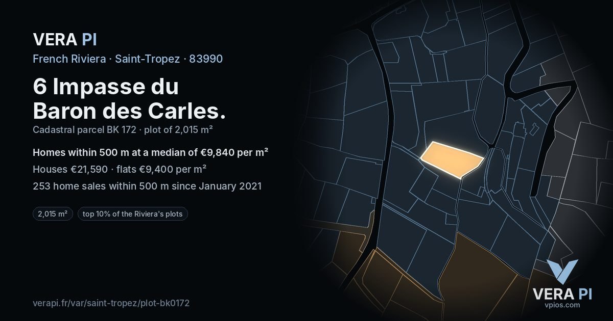 6 Impasse du Baron des Carles, Saint-Tropez at night – the plot lit, the parcels around coloured by the prices near them